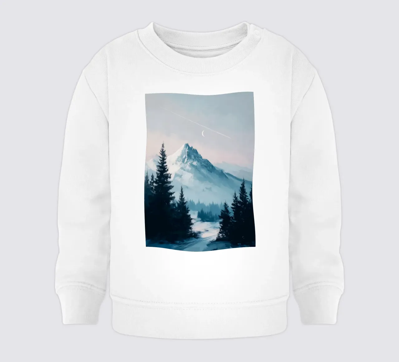 Snowy Mountain Landscape with Crescent Moon and Pine Trees felpa neonato da Dune