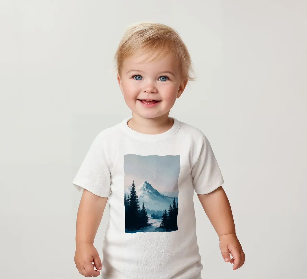 Snowy Mountain Landscape with Crescent Moon and Pine Trees maglietta neonato da Dune