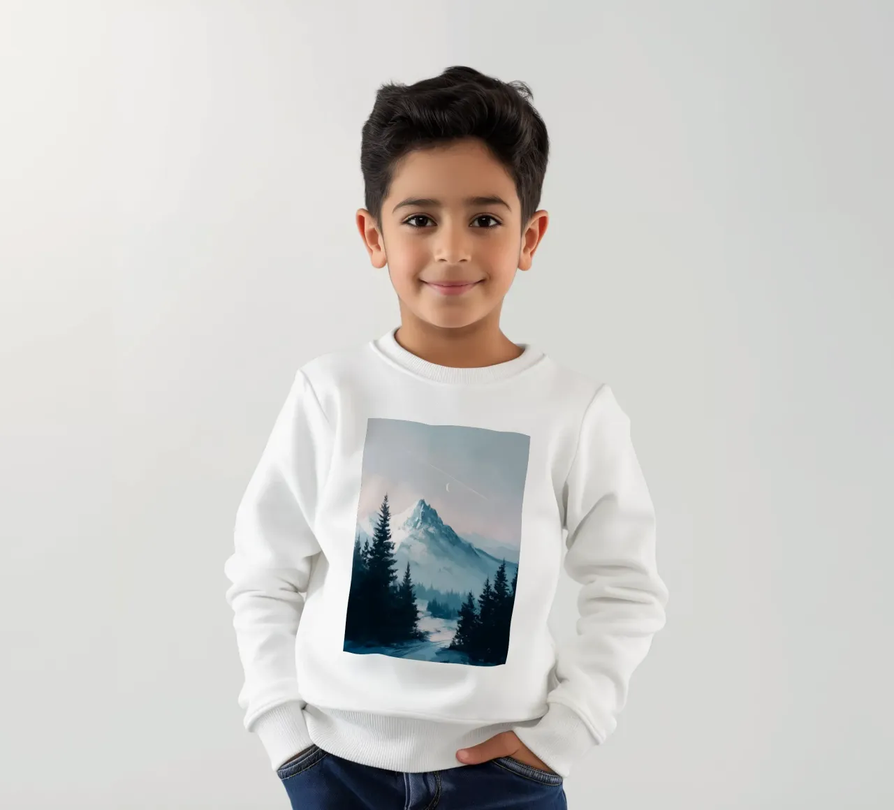 Snowy Mountain Landscape with Crescent Moon and Pine Trees felpa bambino da Dune
