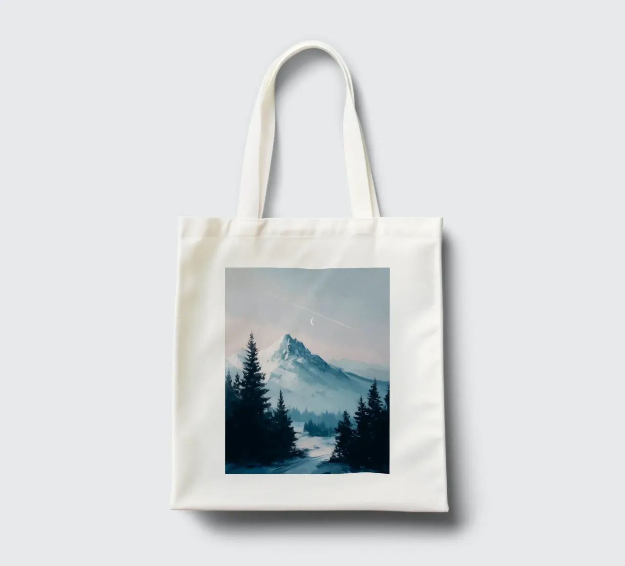 Snowy Mountain Landscape with Crescent Moon and Pine Trees borsa in juta da Dune
