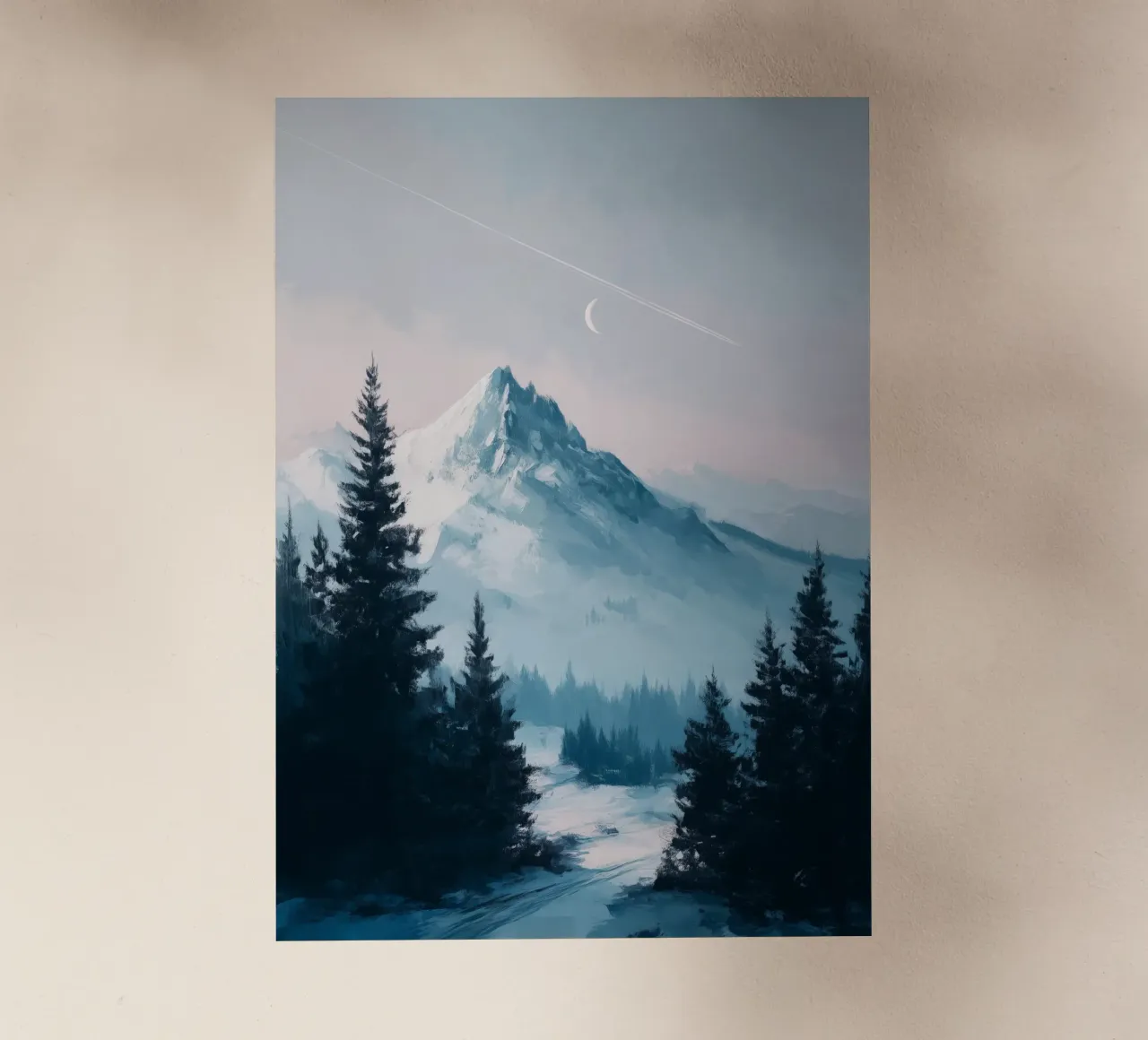 Snowy Mountain Landscape with Crescent Moon and Pine Trees pellicola backlit da Dune