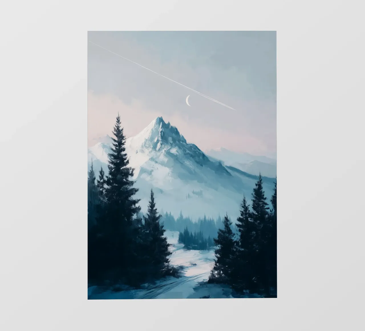 Snowy Mountain Landscape with Crescent Moon and Pine Trees telo in pvc da Dune