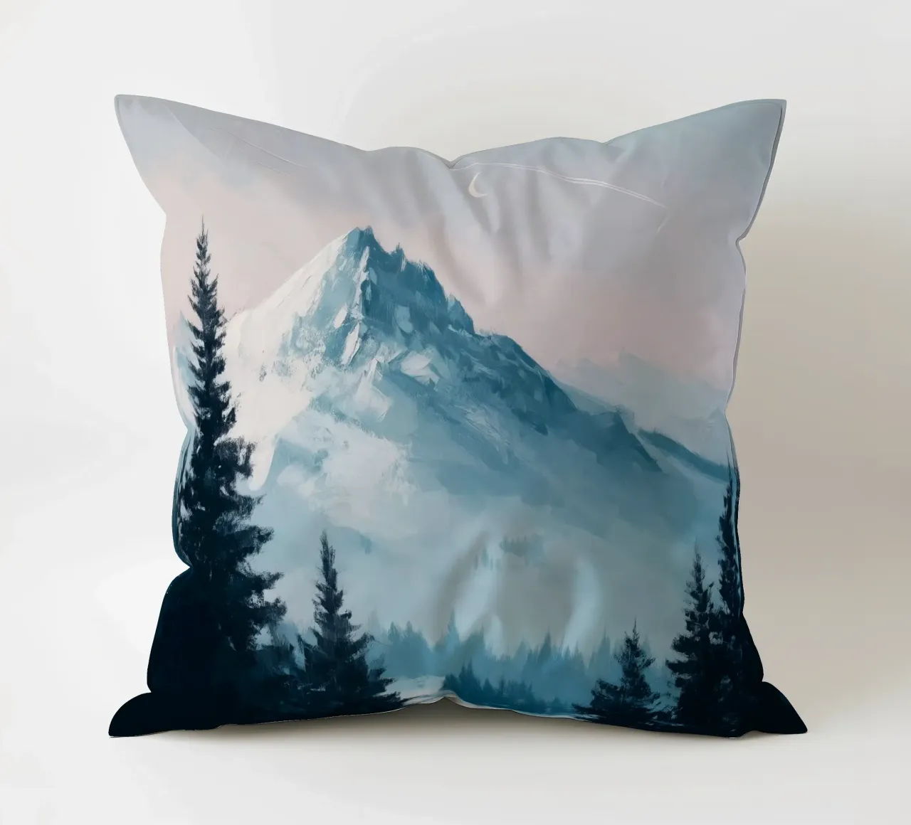 Snowy Mountain Landscape with Crescent Moon and Pine Trees cuscino da Dune