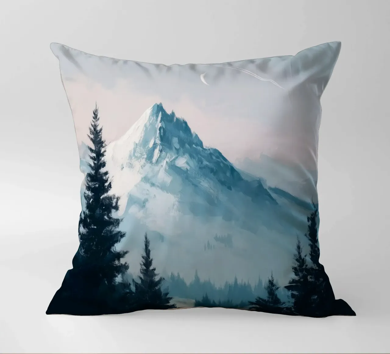 Snowy Mountain Landscape with Crescent Moon and Pine Trees cuscino da Dune