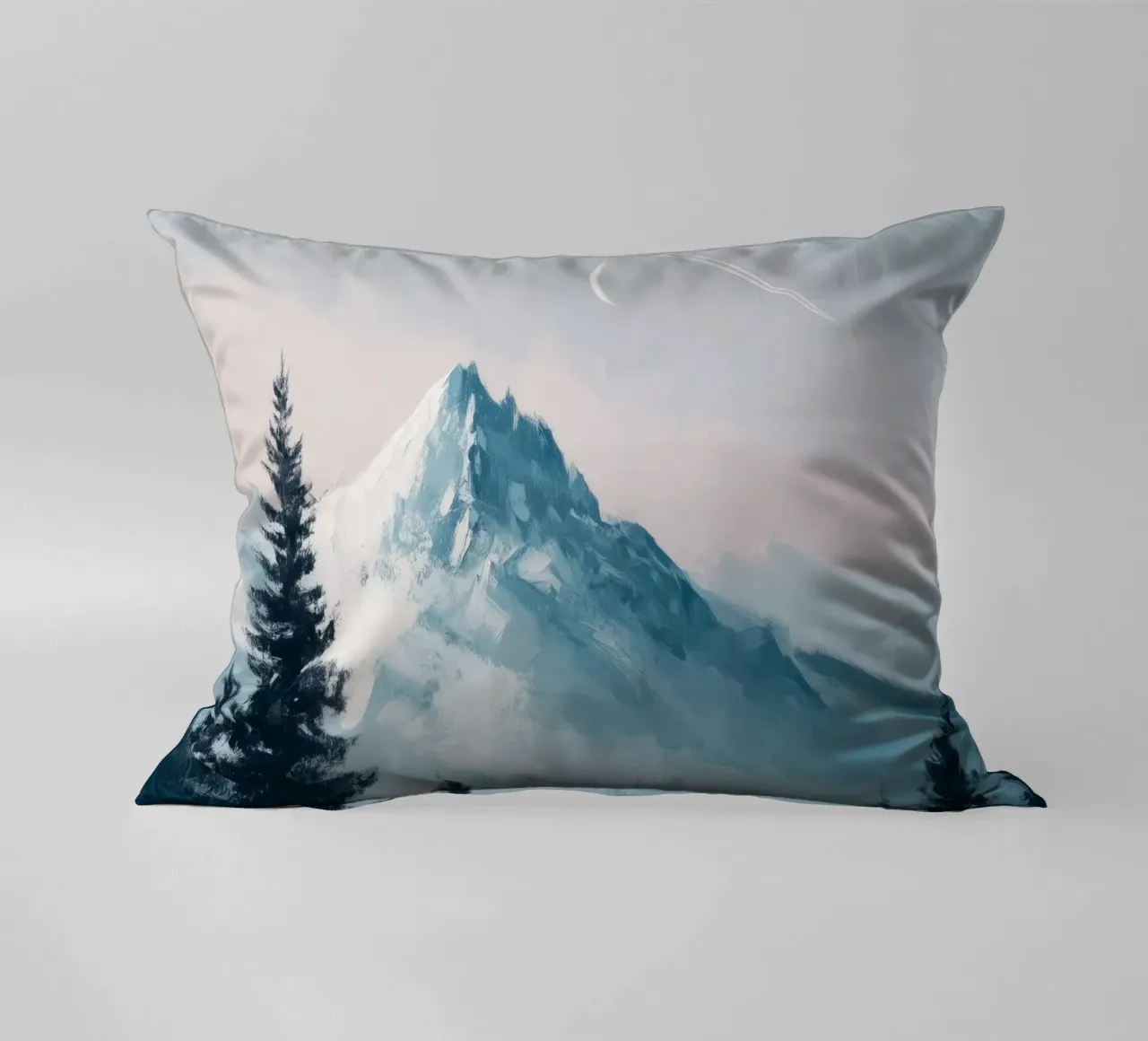 Snowy Mountain Landscape with Crescent Moon and Pine Trees cuscino da Dune