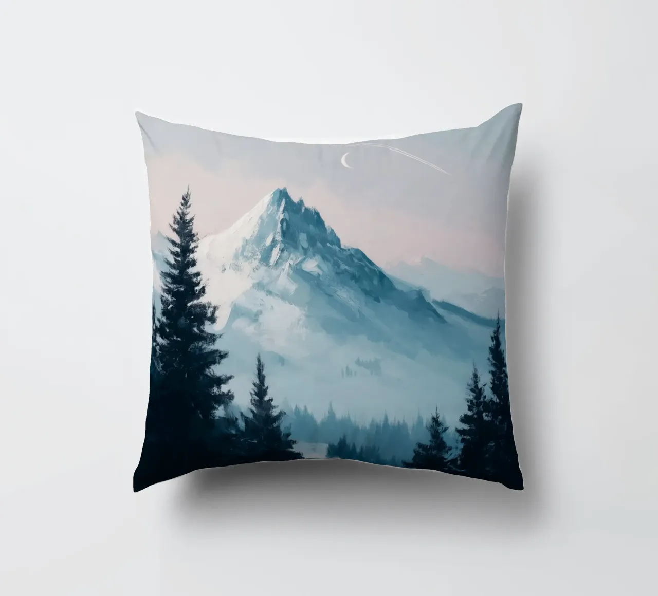 Snowy Mountain Landscape with Crescent Moon and Pine Trees cuscino da Dune