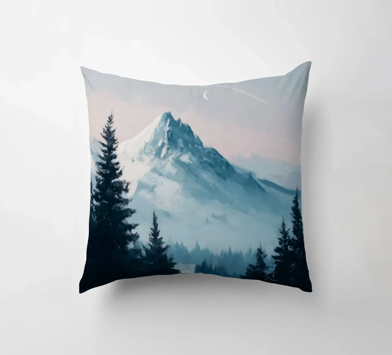 Snowy Mountain Landscape with Crescent Moon and Pine Trees cuscino da Dune