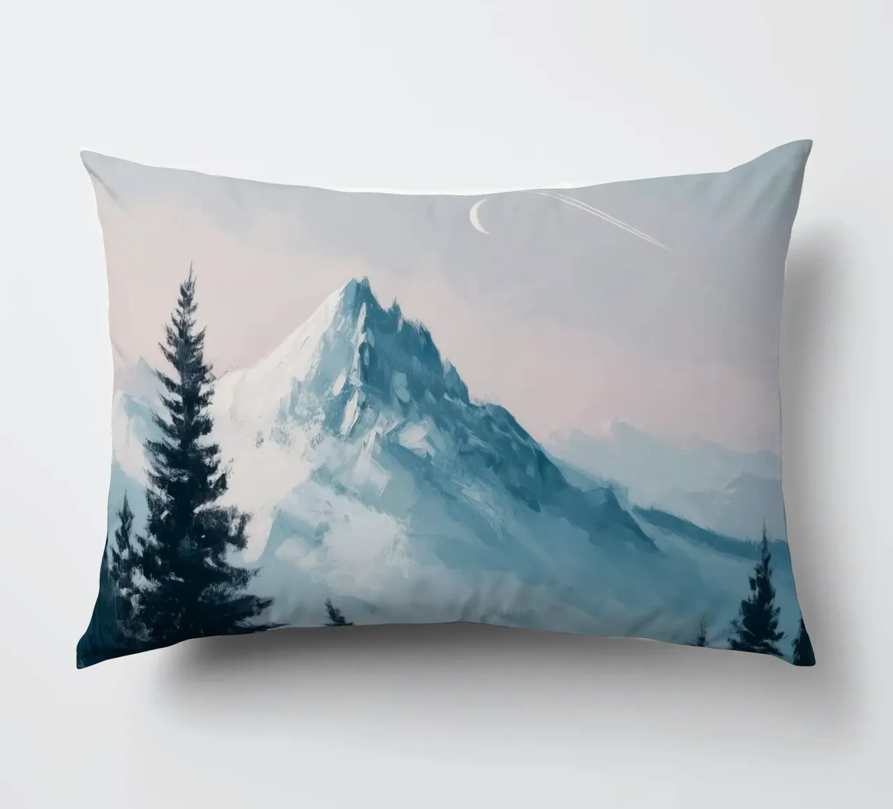 Snowy Mountain Landscape with Crescent Moon and Pine Trees cuscino da Dune