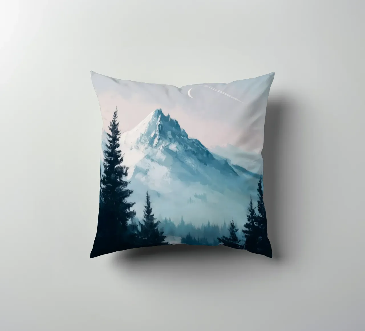 Snowy Mountain Landscape with Crescent Moon and Pine Trees cuscino da Dune