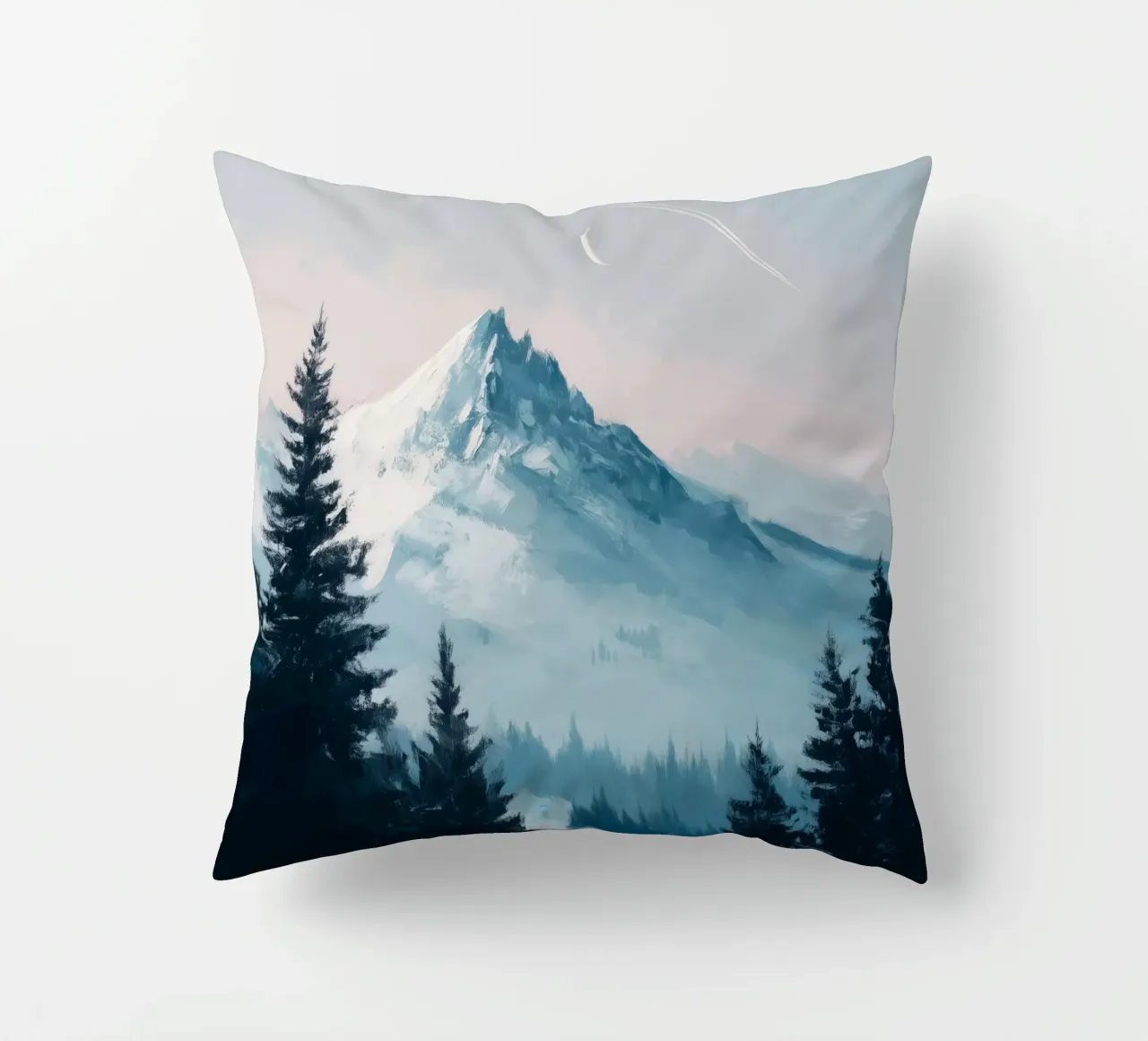 Snowy Mountain Landscape with Crescent Moon and Pine Trees cuscino da Dune