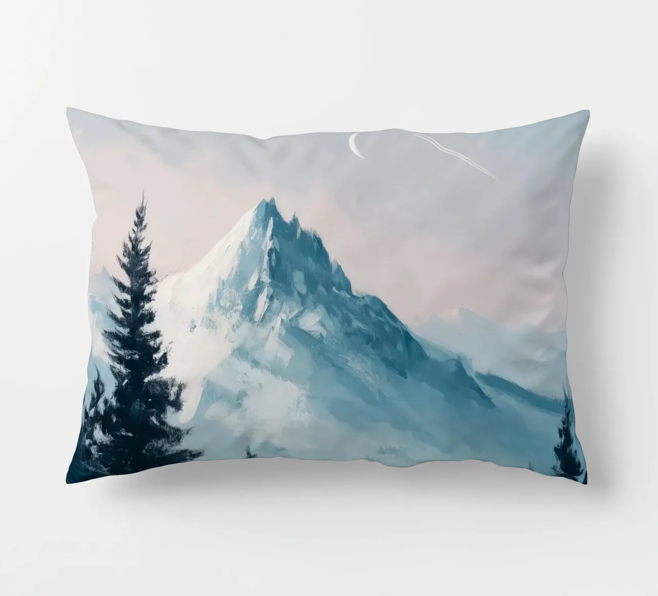 Snowy Mountain Landscape with Crescent Moon and Pine Trees cuscino da Dune