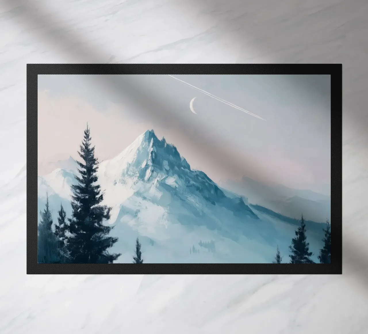 Snowy Mountain Landscape with Crescent Moon and Pine Trees zerbino da Dune