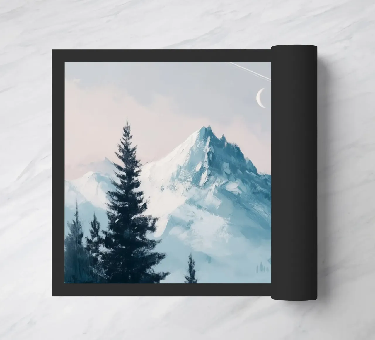 Snowy Mountain Landscape with Crescent Moon and Pine Trees zerbino da Dune