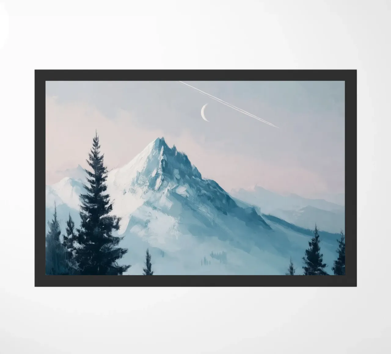 Snowy Mountain Landscape with Crescent Moon and Pine Trees zerbino da Dune