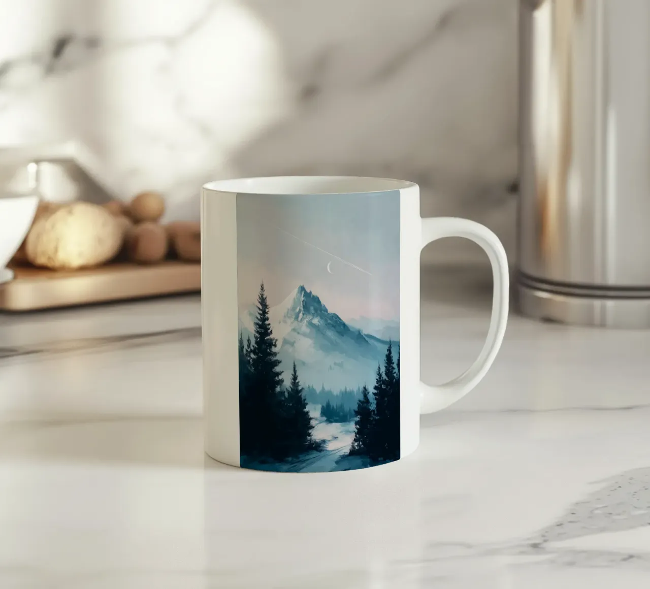 Snowy Mountain Landscape with Crescent Moon and Pine Trees tazza in ceramica da Dune