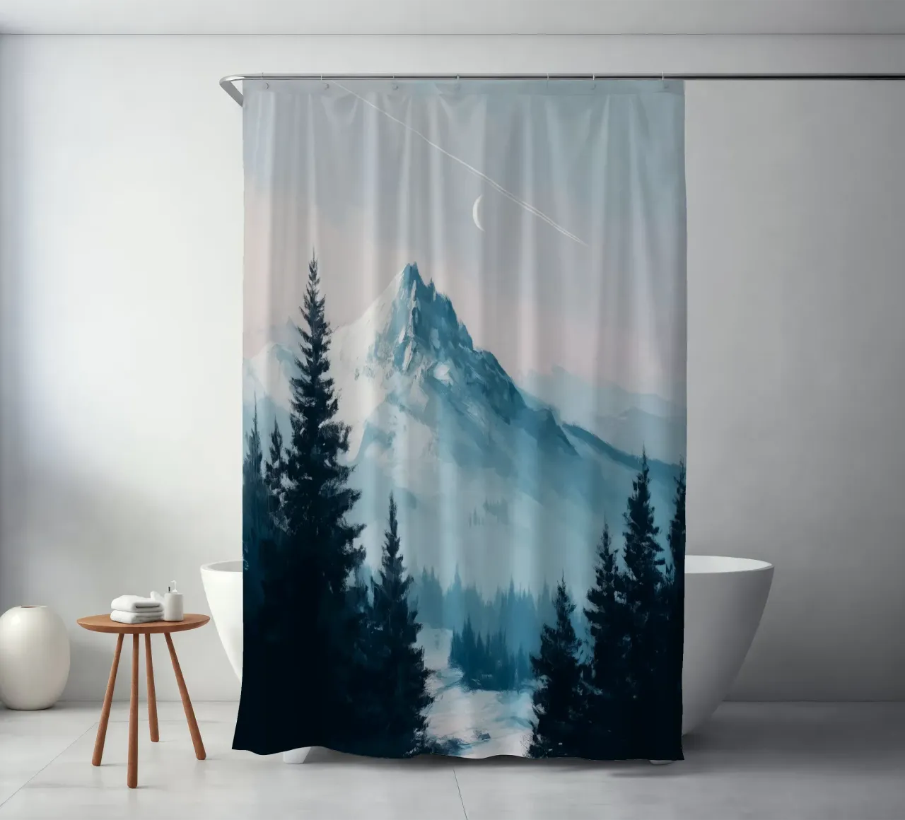Snowy Mountain Landscape with Crescent Moon and Pine Trees tenda da doccia da Dune