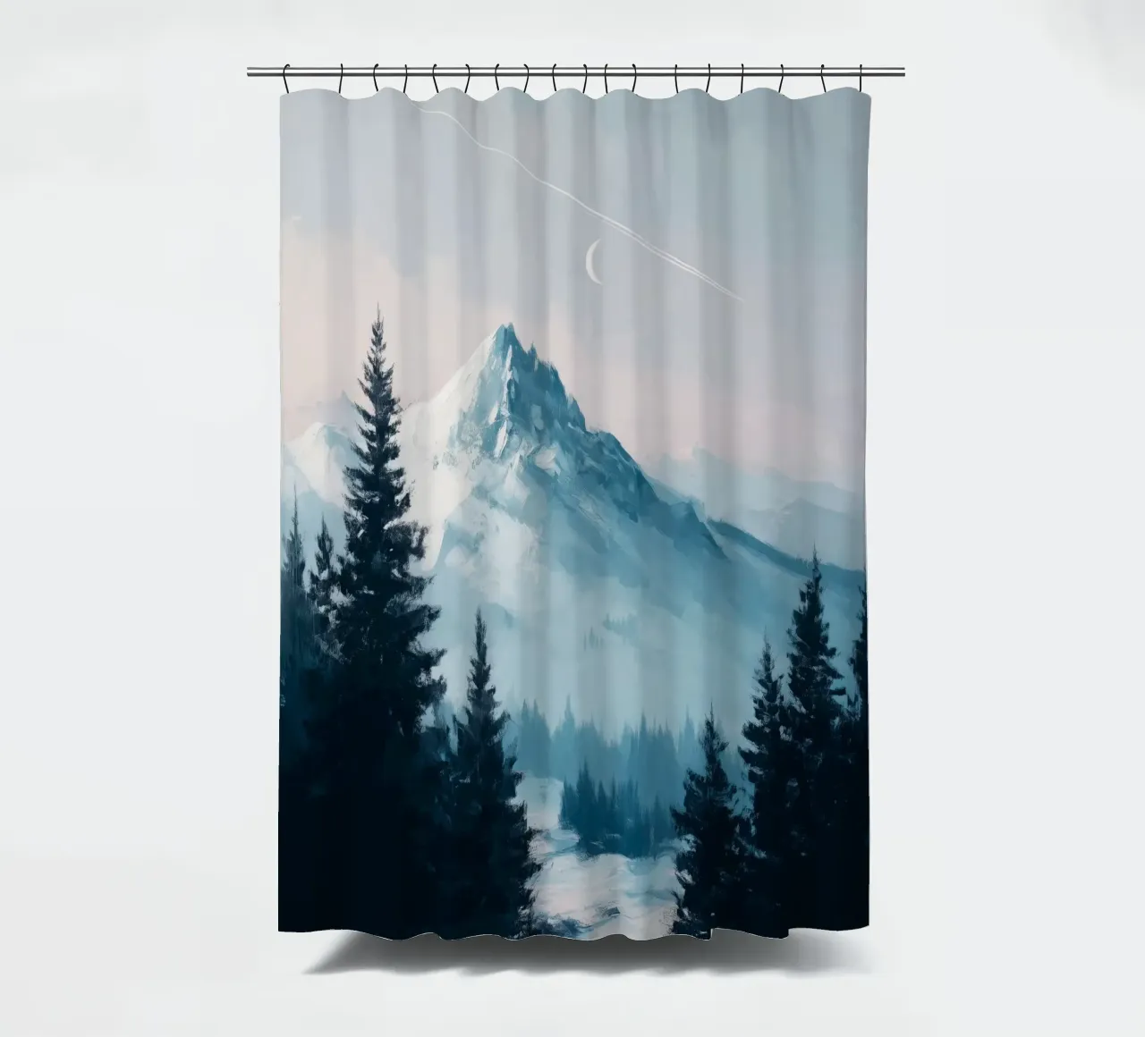 Snowy Mountain Landscape with Crescent Moon and Pine Trees tenda da doccia da Dune