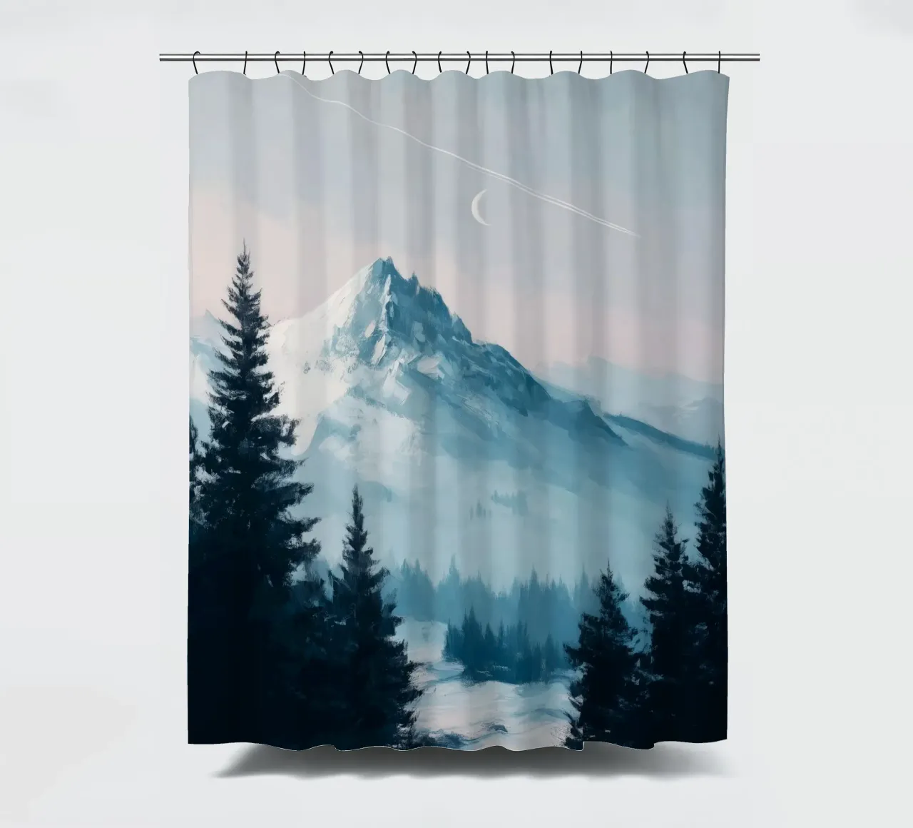 Snowy Mountain Landscape with Crescent Moon and Pine Trees tenda da doccia da Dune