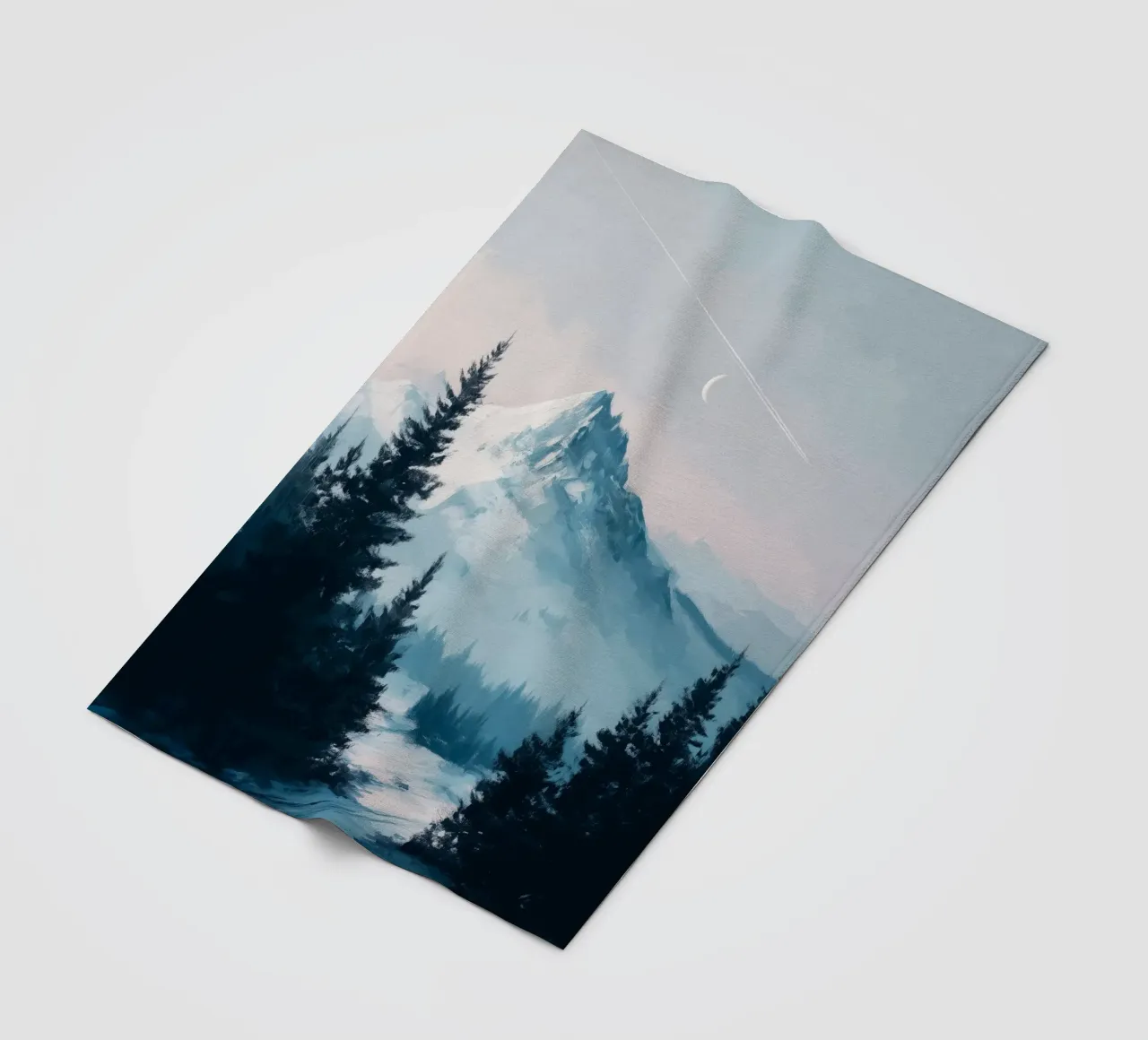 Snowy Mountain Landscape with Crescent Moon and Pine Trees coperta in pile da Dune