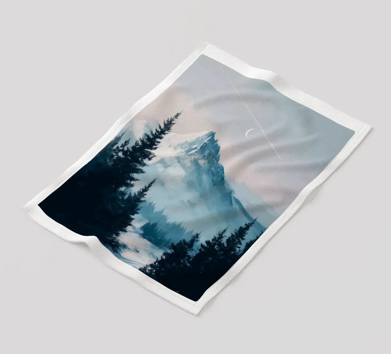 Snowy Mountain Landscape with Crescent Moon and Pine Trees coperta in pile da Dune