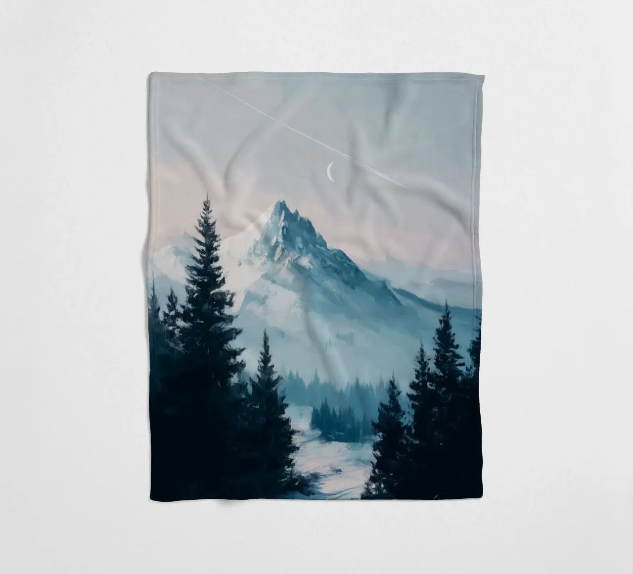 Snowy Mountain Landscape with Crescent Moon and Pine Trees coperta in pile da Dune