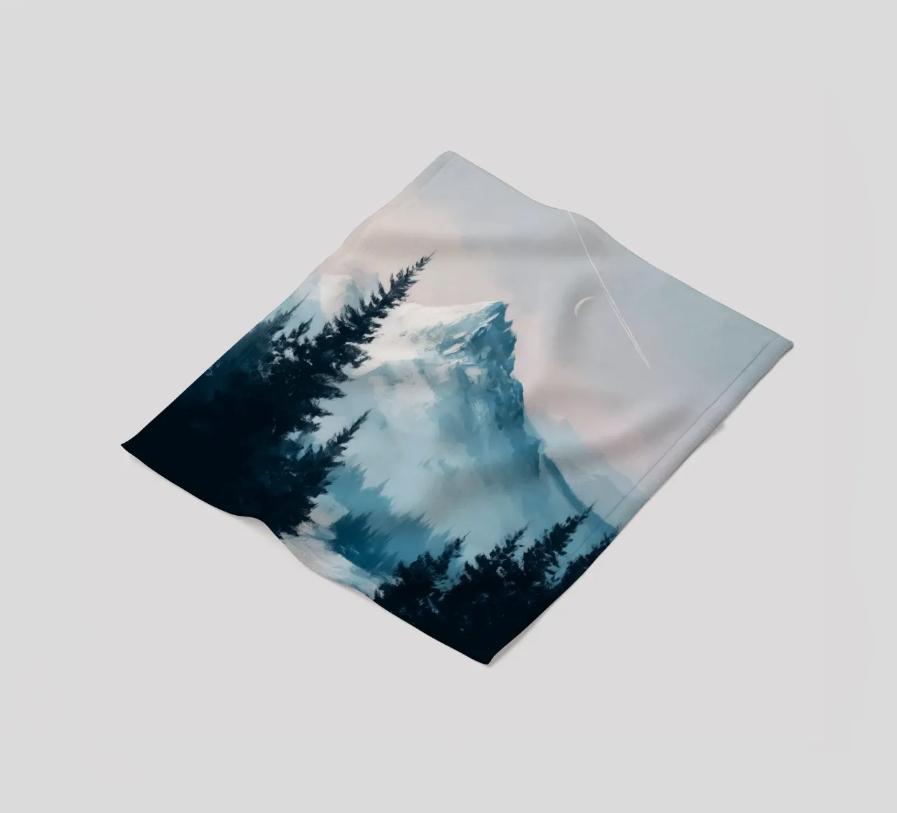 Snowy Mountain Landscape with Crescent Moon and Pine Trees coperta in pile da Dune