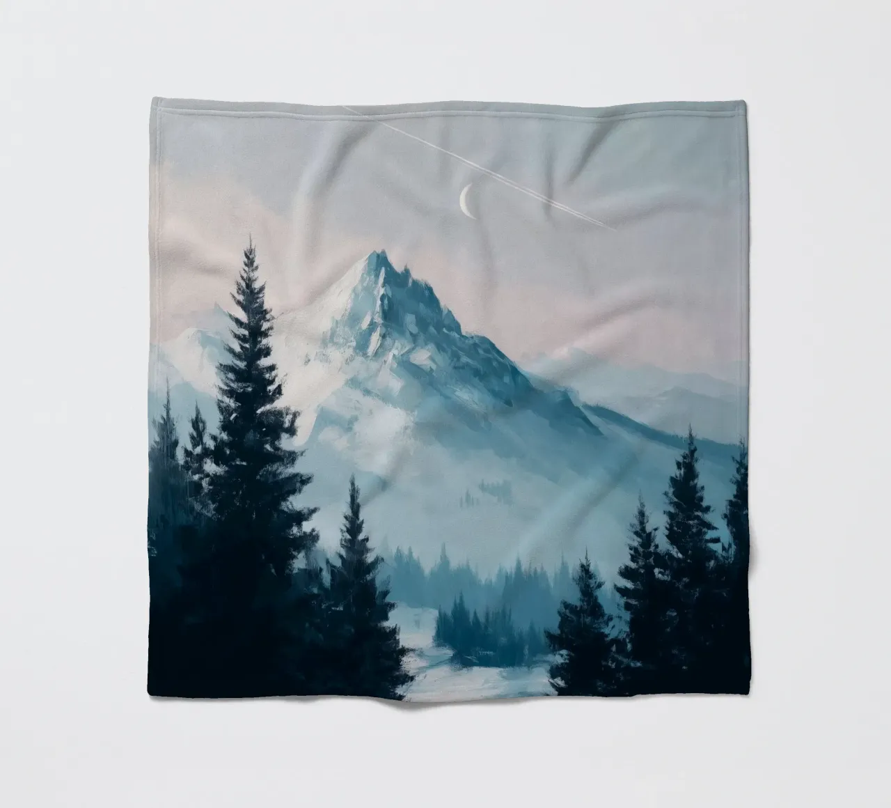 Snowy Mountain Landscape with Crescent Moon and Pine Trees coperta in pile da Dune