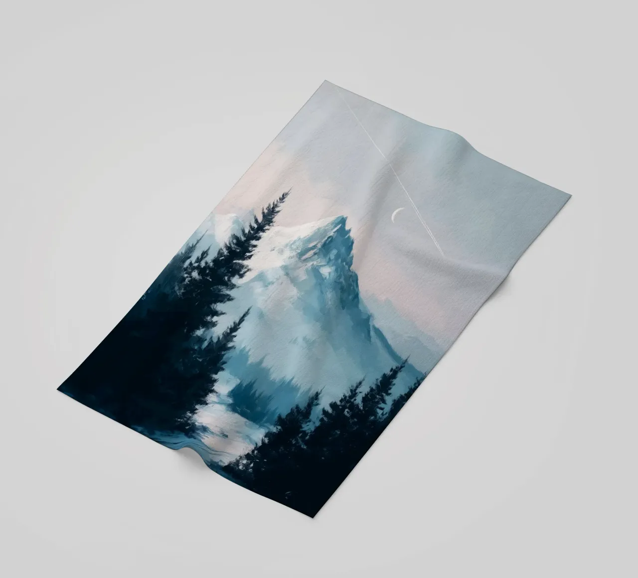 Snowy Mountain Landscape with Crescent Moon and Pine Trees telo mare da Dune