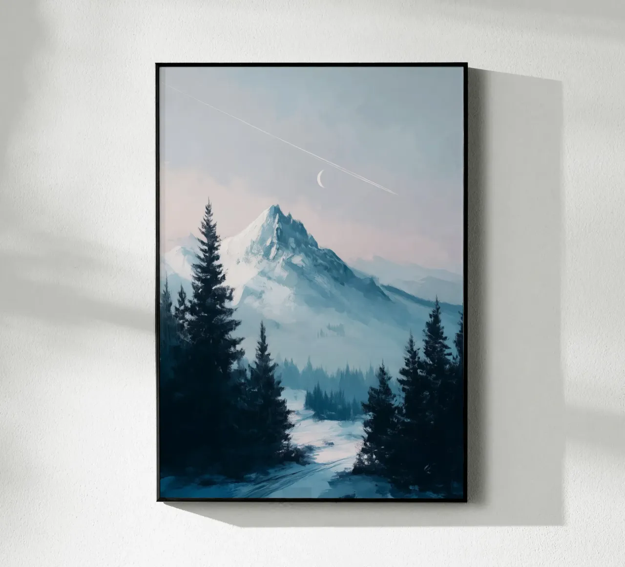 Snowy Mountain Landscape with Crescent Moon and Pine Trees plexiglass da Dune
