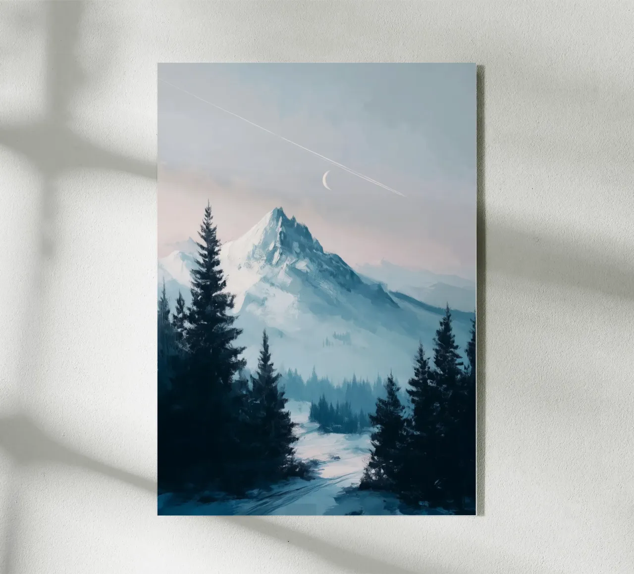 Snowy Mountain Landscape with Crescent Moon and Pine Trees plexiglass da Dune