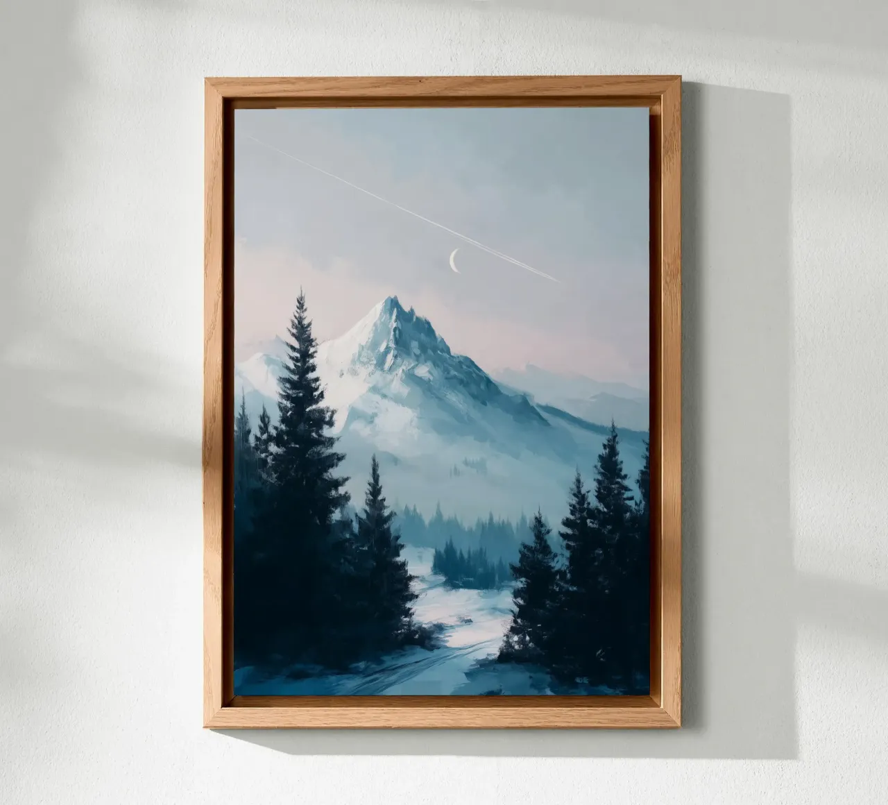 Snowy Mountain Landscape with Crescent Moon and Pine Trees alluminio dibond da Dune