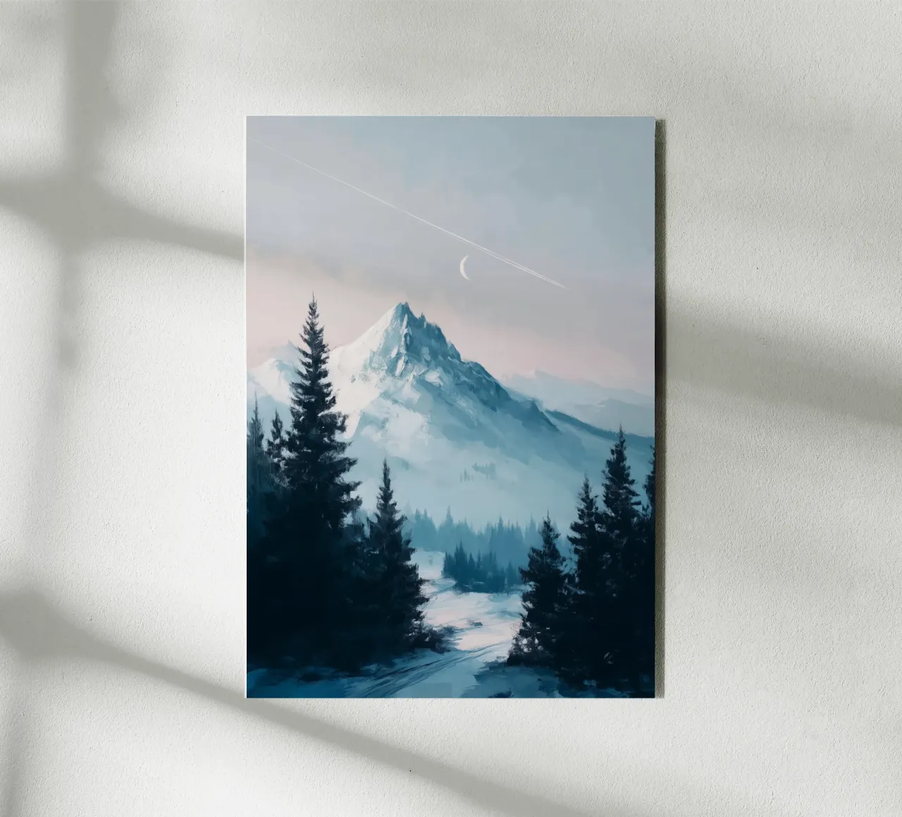 Snowy Mountain Landscape with Crescent Moon and Pine Trees alluminio dibond da Dune
