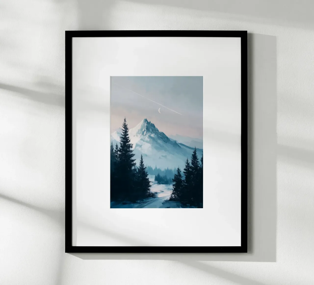 Snowy Mountain Landscape with Crescent Moon and Pine Trees carta hahnemühle da Dune