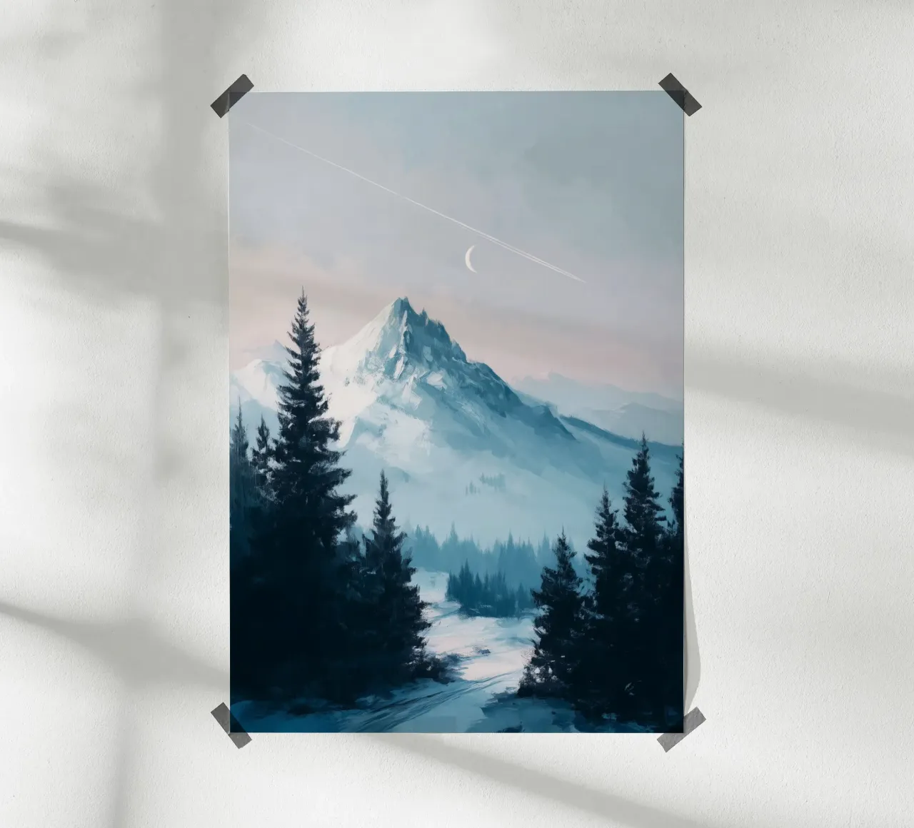 Snowy Mountain Landscape with Crescent Moon and Pine Trees carta hahnemühle da Dune