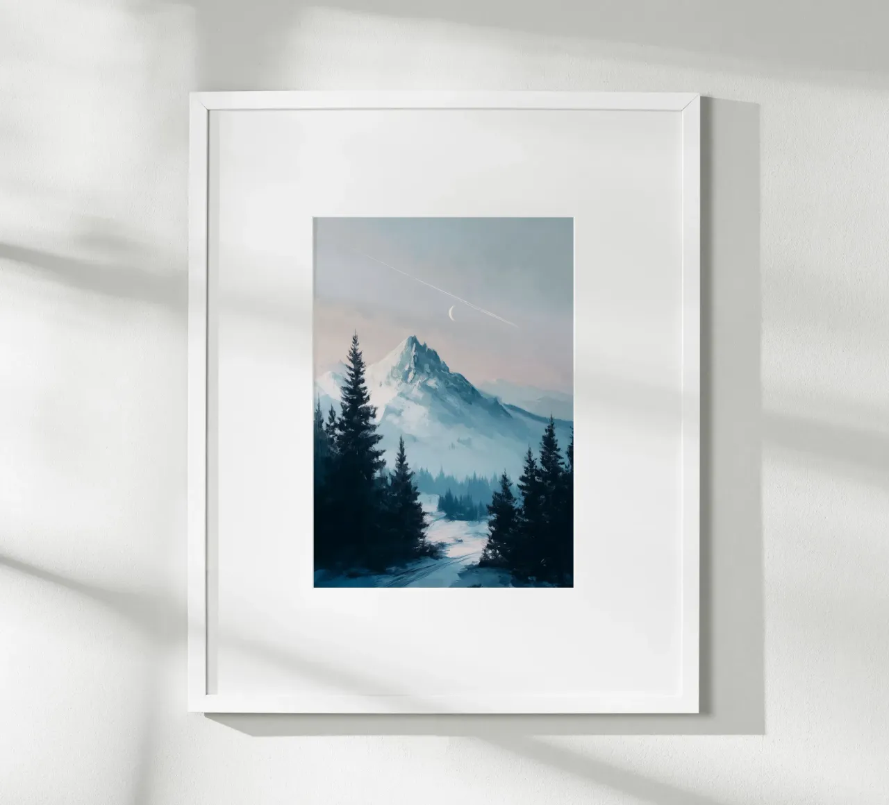 Snowy Mountain Landscape with Crescent Moon and Pine Trees carta hahnemühle da Dune