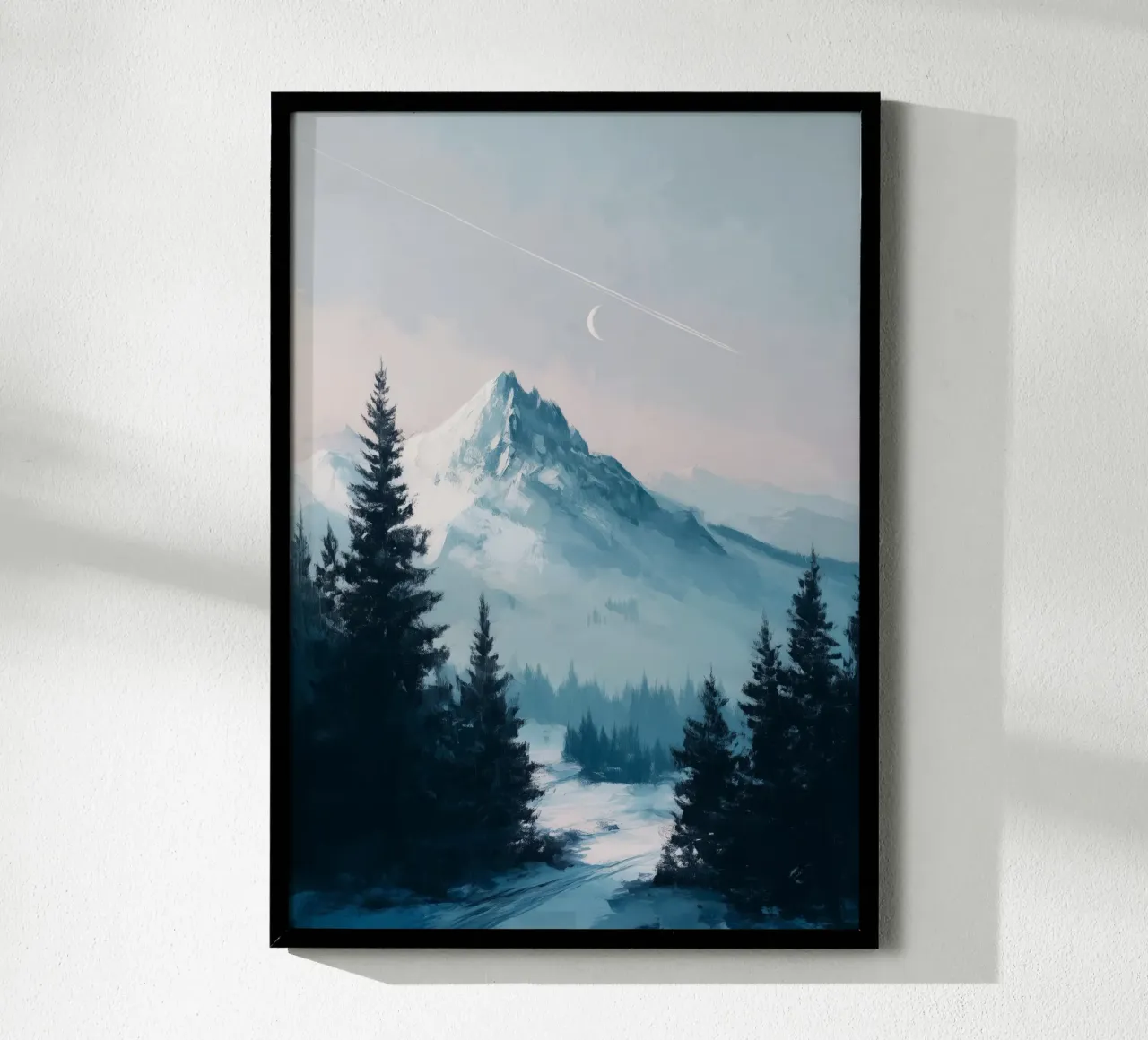 Snowy Mountain Landscape with Crescent Moon and Pine Trees carta hahnemühle da Dune