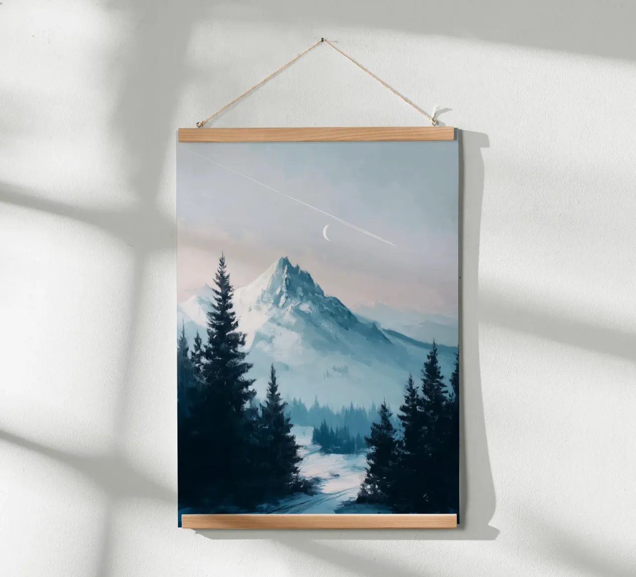 Snowy Mountain Landscape with Crescent Moon and Pine Trees carta hahnemühle da Dune