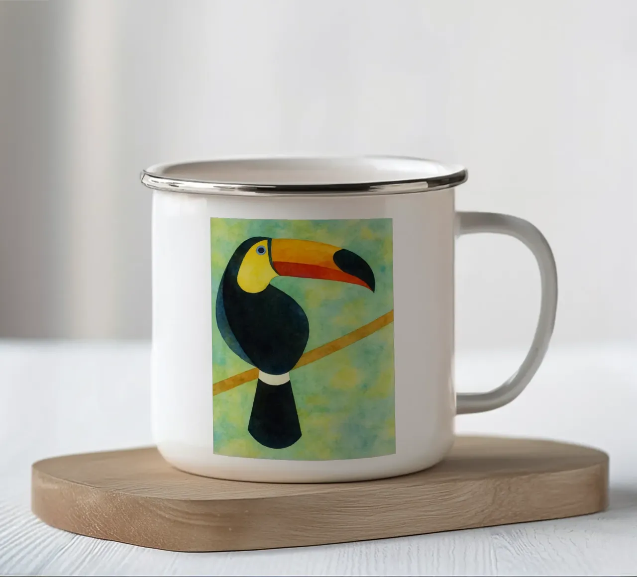 toekan abstracte tekening emaille mok van bougenfille