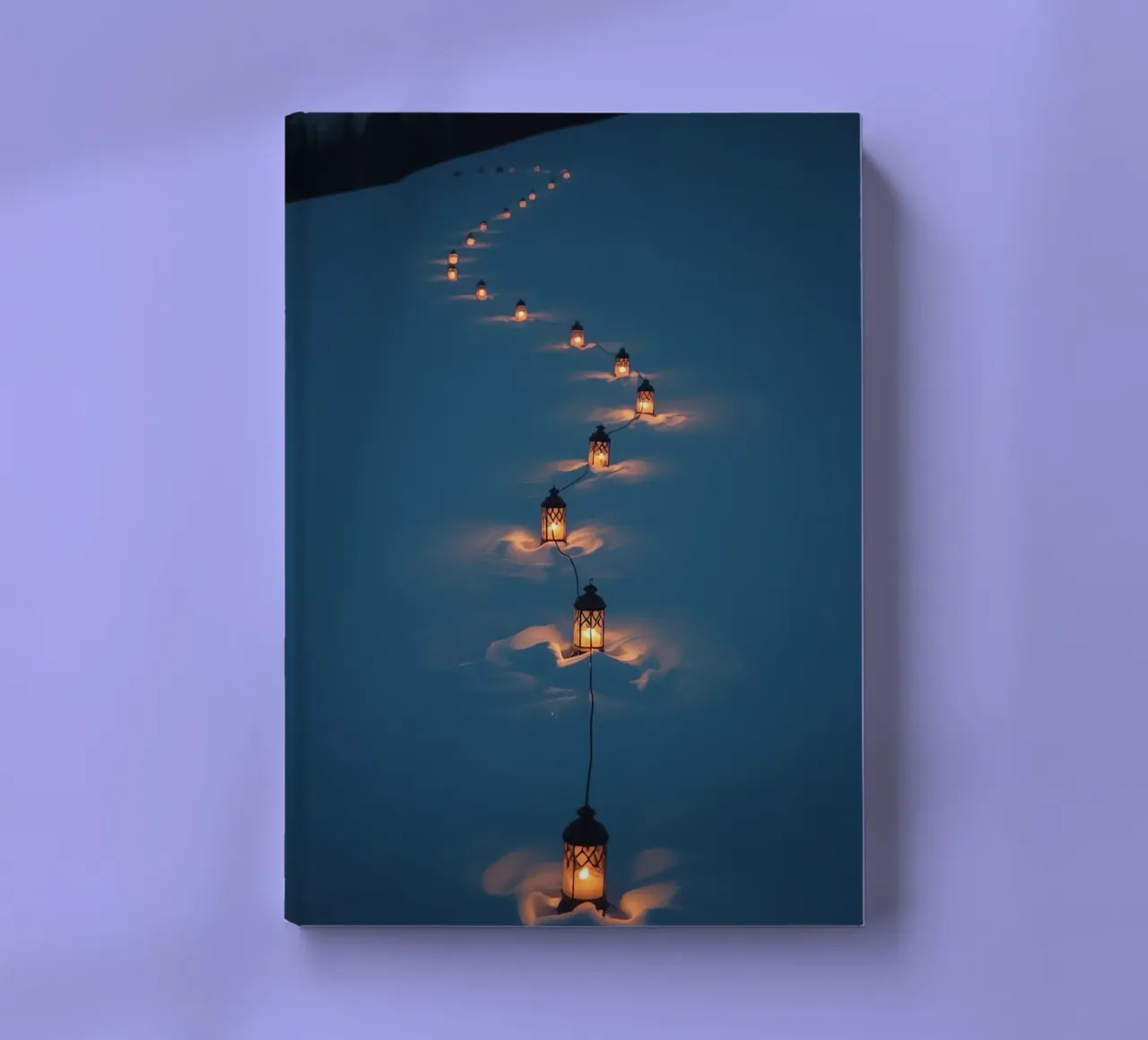 Lantern-lined snow path at dusk notebook by DesignDoodle