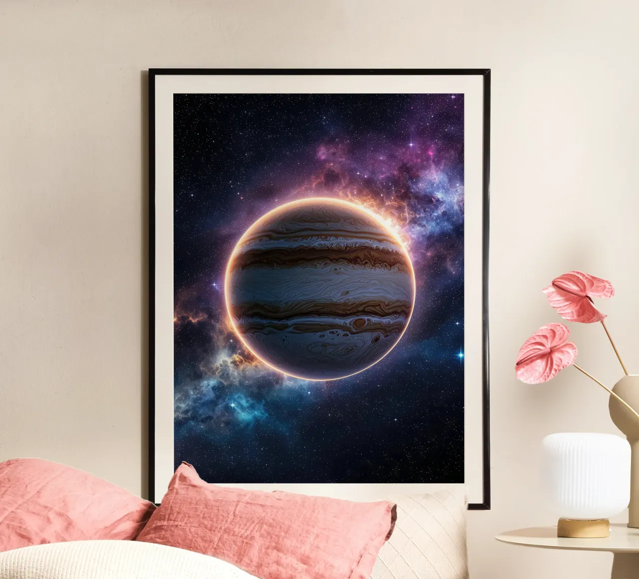 Jupiter in Space with Nebula hahnemühle by Ethan Smith