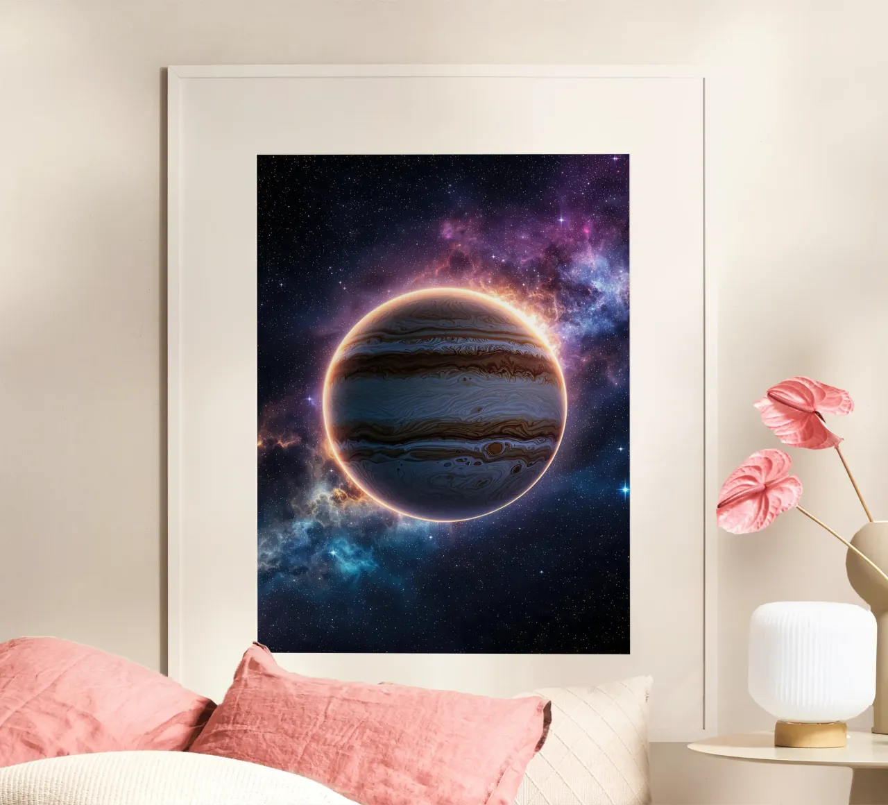 Jupiter in Space with Nebula hahnemühle by Ethan Smith