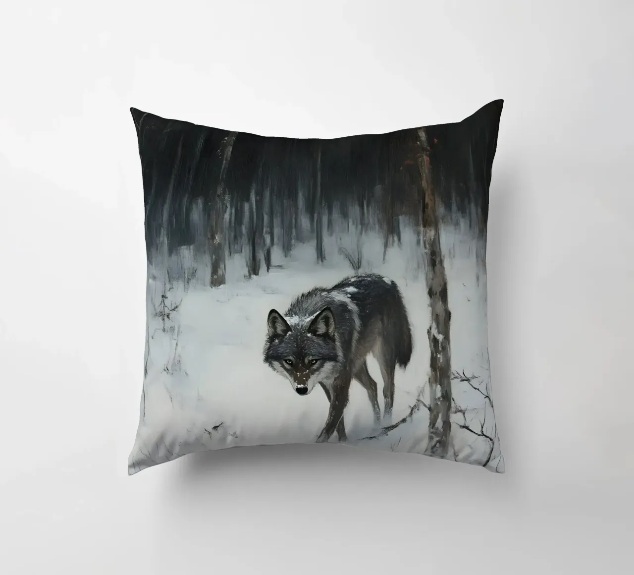 Lupo nero in una foresta invernale innevata - Mistico cuscino da Studio Vibe