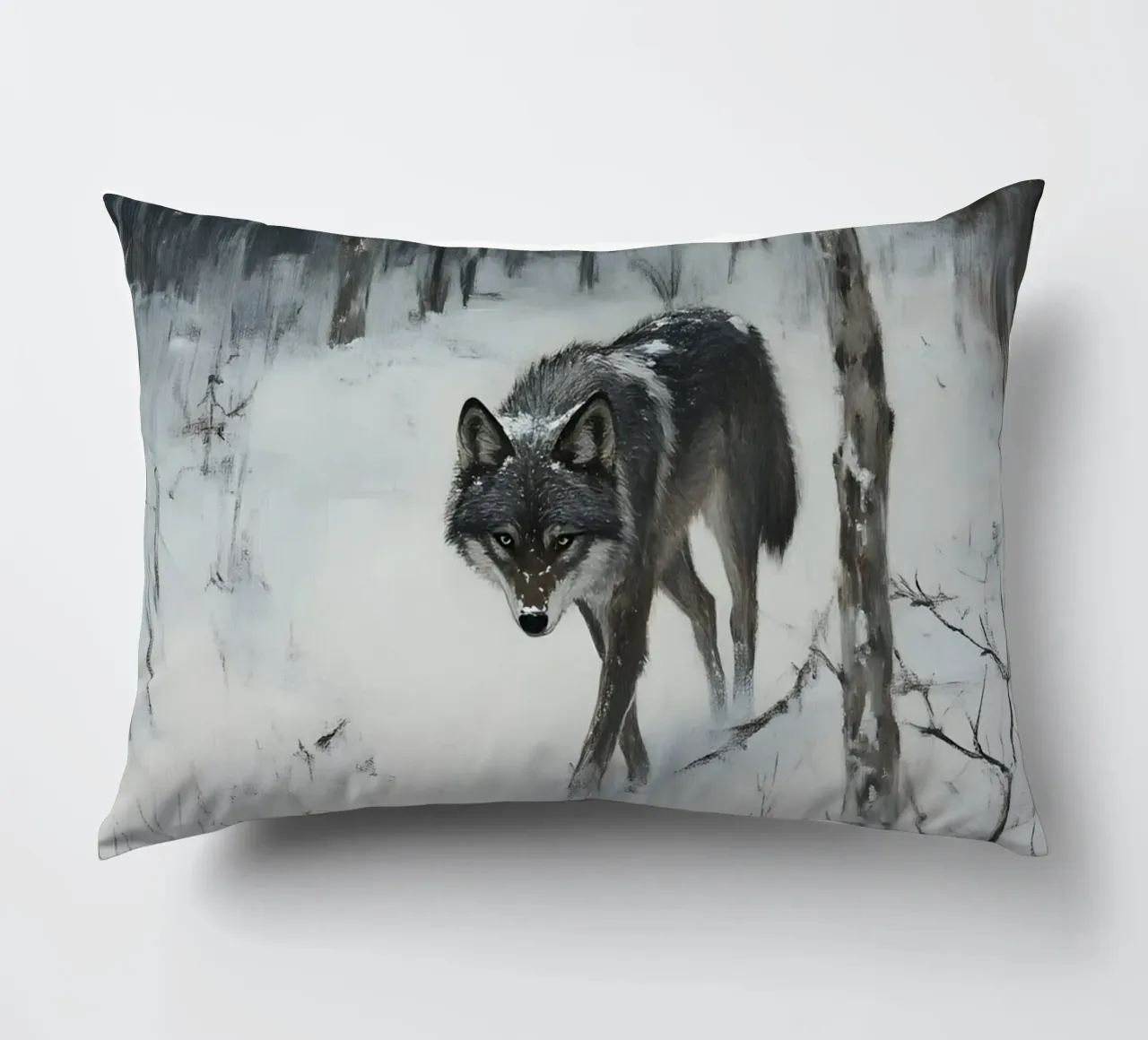 Lupo nero in una foresta invernale innevata - Mistico cuscino da Studio Vibe