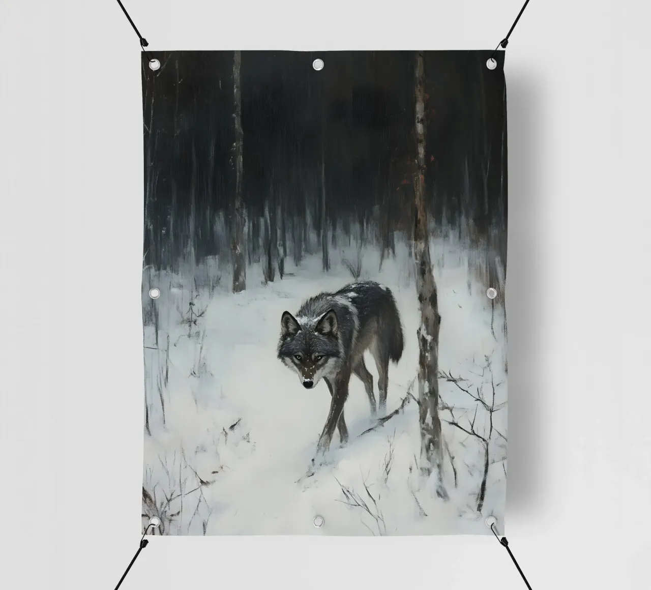 Lupo nero in una foresta invernale innevata - Mistico telo in pvc da Studio Vibe