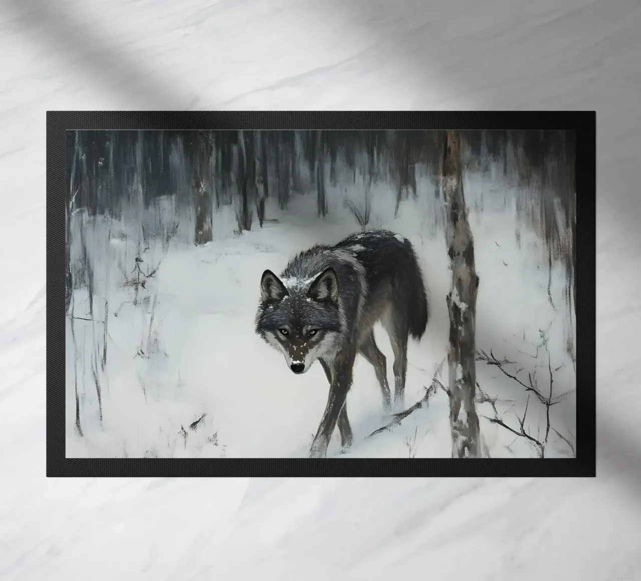 Lupo nero in una foresta invernale innevata - Mistico zerbino da Studio Vibe