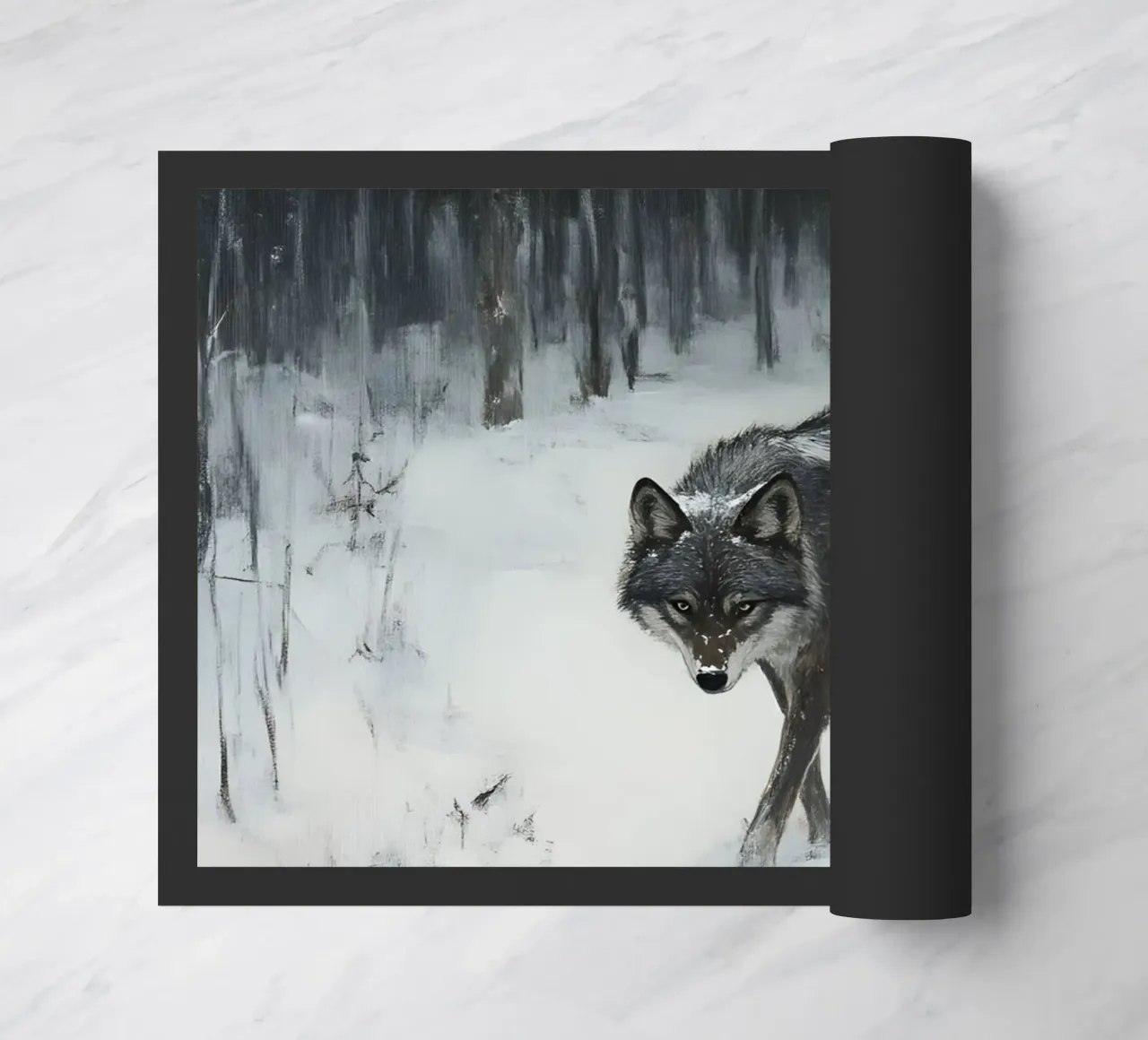 Lupo nero in una foresta invernale innevata - Mistico zerbino da Studio Vibe