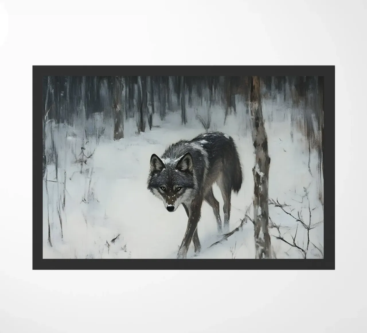 Lupo nero in una foresta invernale innevata - Mistico zerbino da Studio Vibe