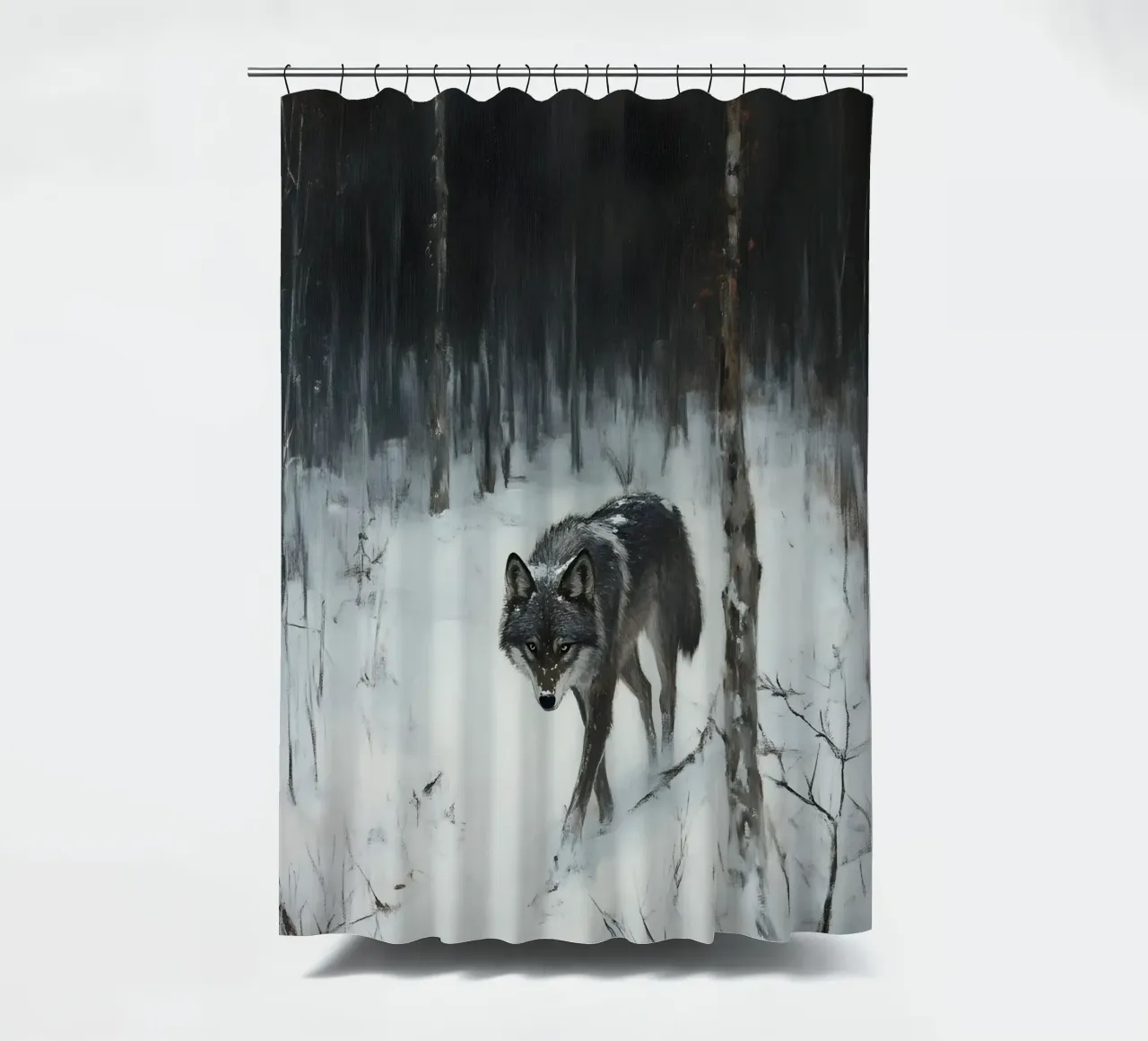 Lupo nero in una foresta invernale innevata - Mistico tenda da doccia da Studio Vibe