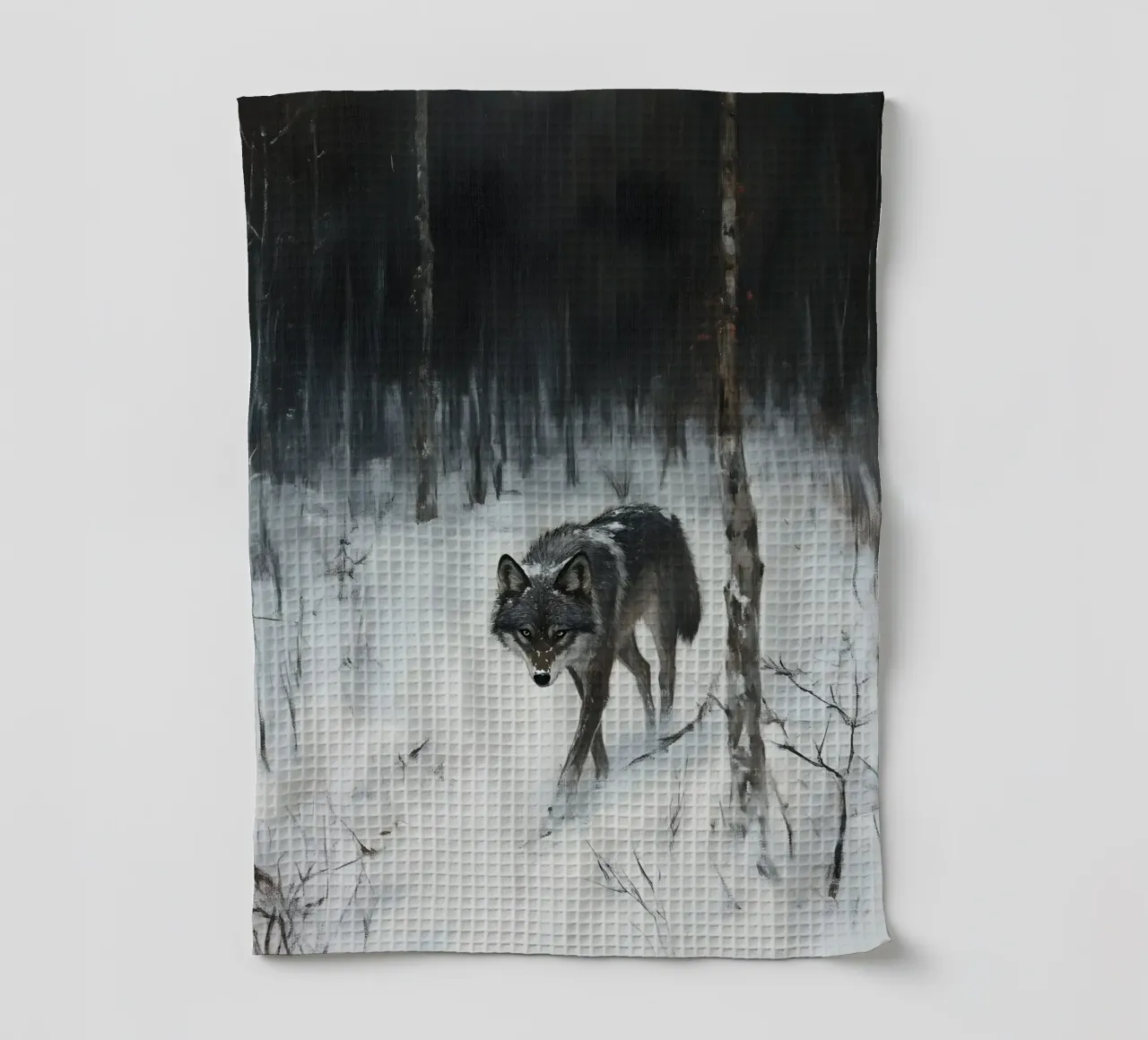 Lupo nero in una foresta invernale innevata - Mistico canovaccio da cucina da Studio Vibe