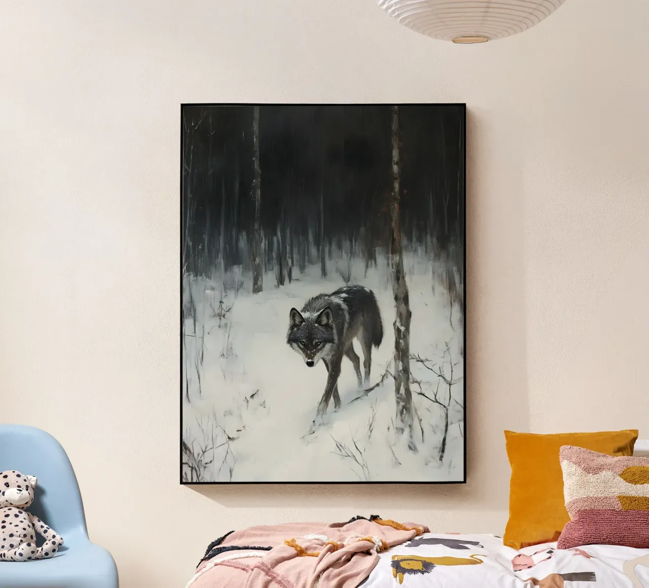 Lupo nero in una foresta invernale innevata - Mistico plexiglass da Studio Vibe